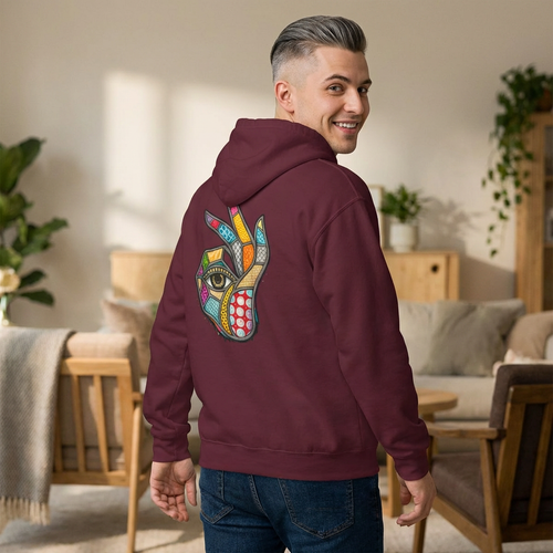 Colorful mosaic hand eye hoodie back view artsy boho USA Hooliganns