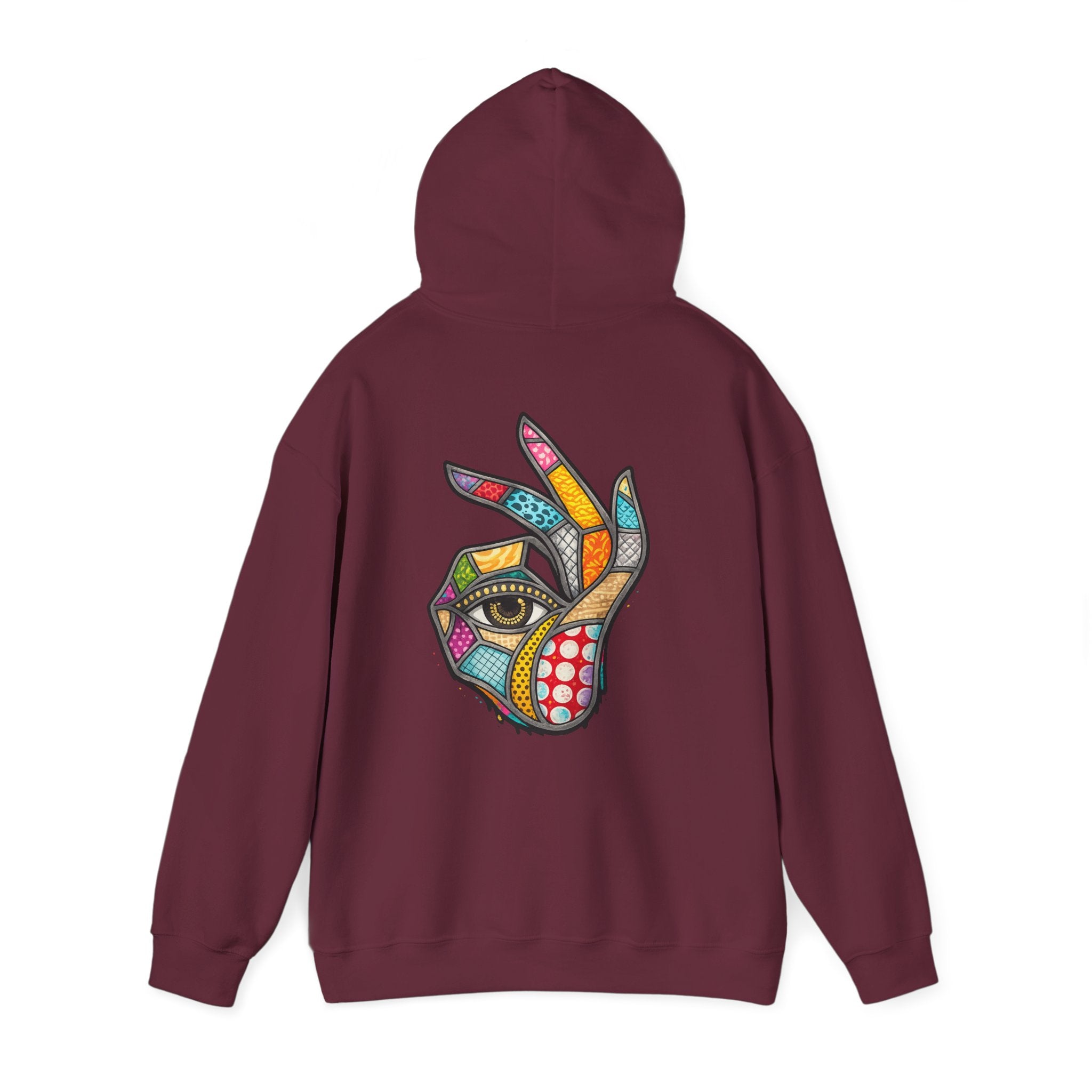 Colorful mosaic hoodie graphic detail eye hand art design USA Hooliganns