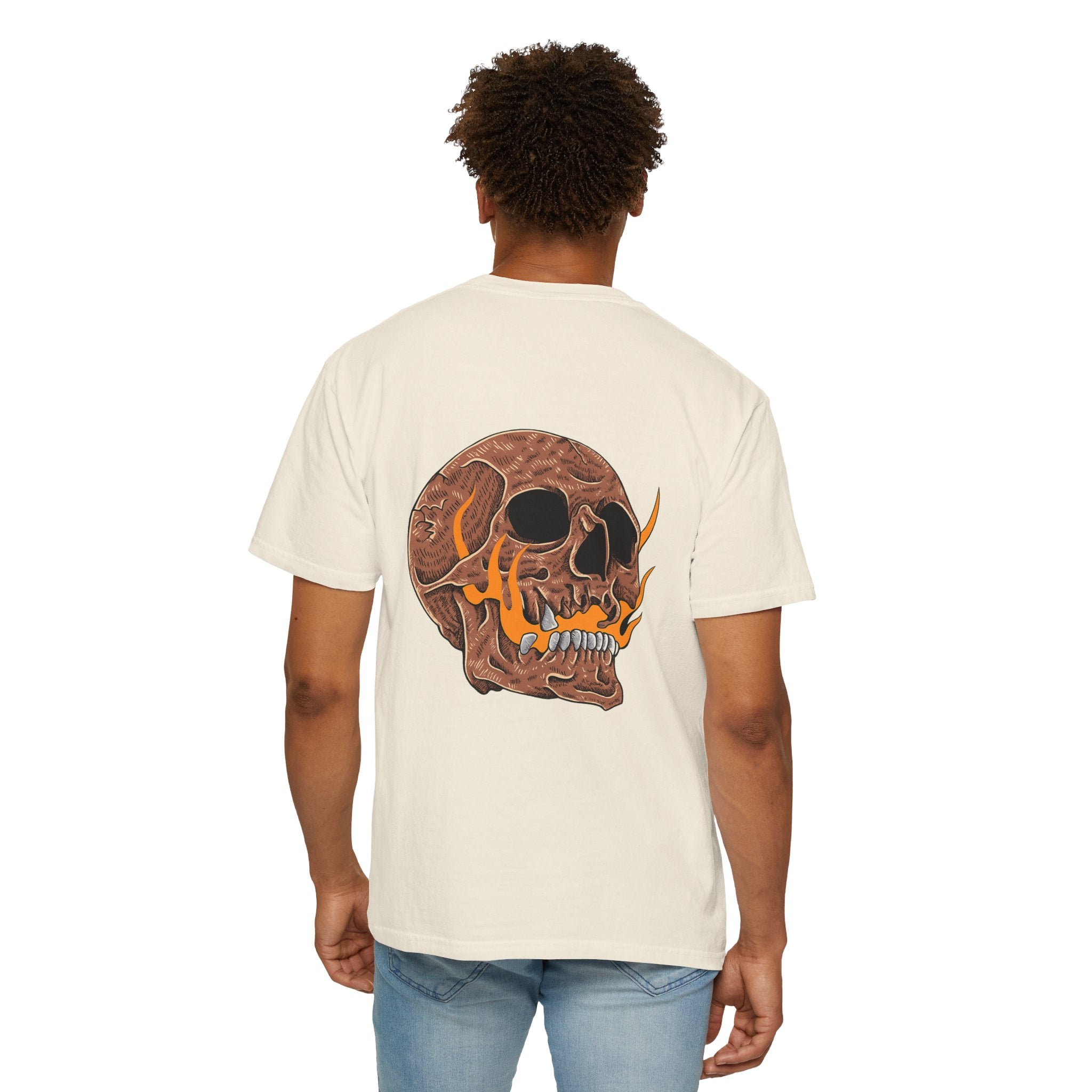 Skull flame tee graphic detail gothic fire design USA Hooliganns